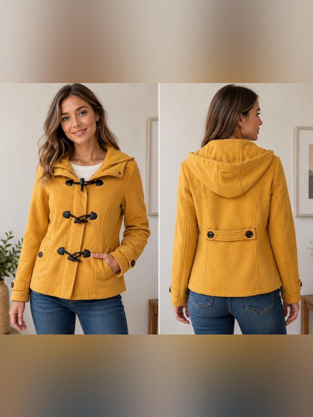 Sebby Mustard Hooded Toggle Peacoat - Women